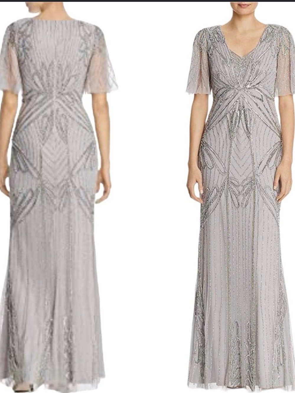 Adrianna Papell Silver Beaded V-Neck Maxi Dress